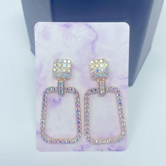 Gold Iridescent Crystal Rhinestone Square Post Drop Earrings - Picture 1 of 6